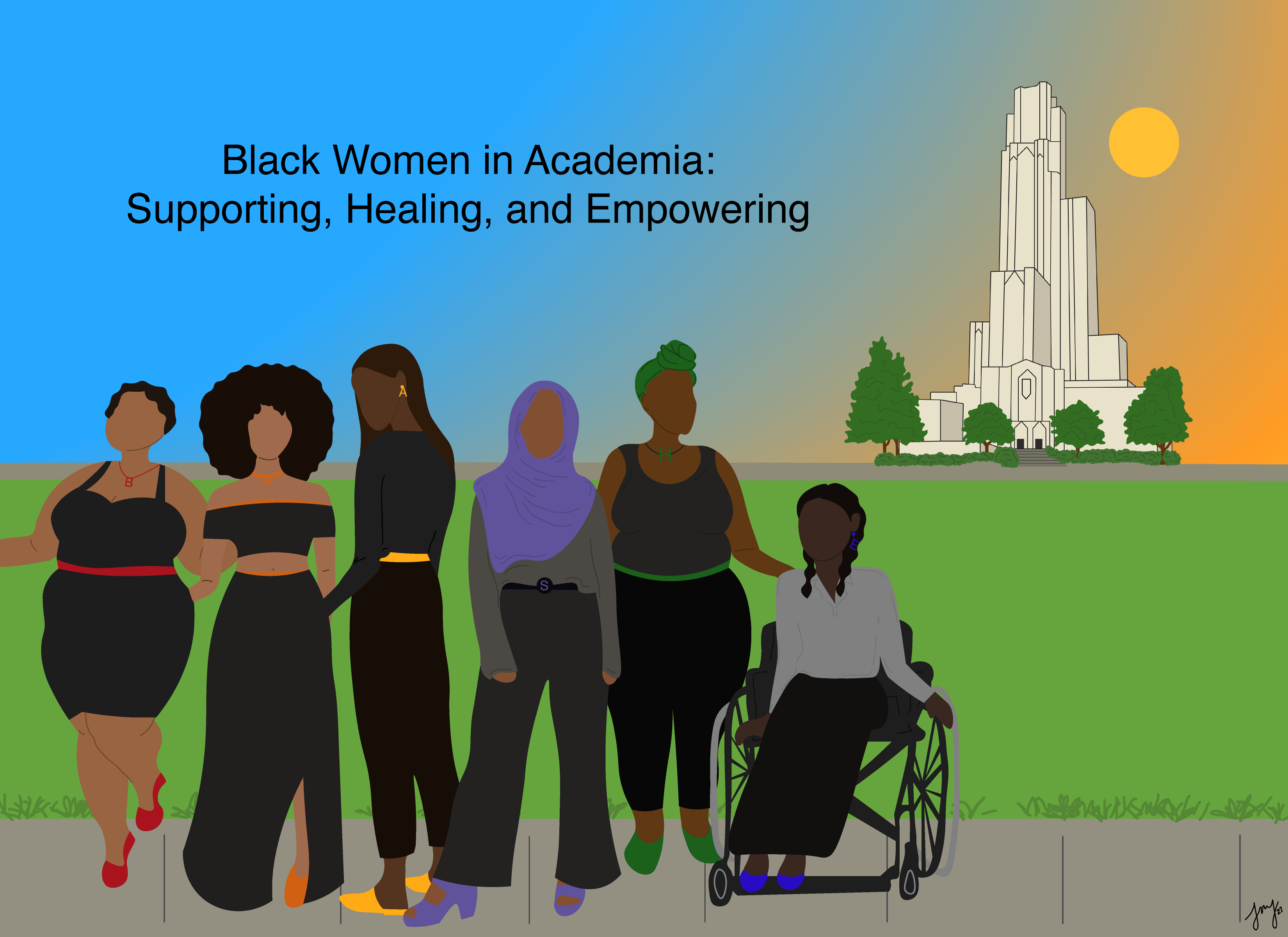 animated image, women of color of different size and ability standing in front of the cathedral of learning. Text: Black Women in Academia: Supporting, Healing, and Empowering