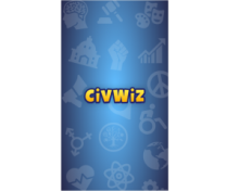 video game app graphics, blue background with various symbols, center title - CiVWiZ